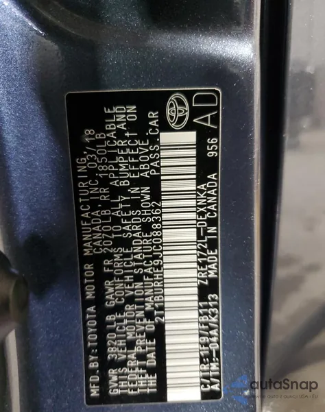 2018 Toyota Corolla L from USA, damaged, VIN 2T1BURHE9JC088362